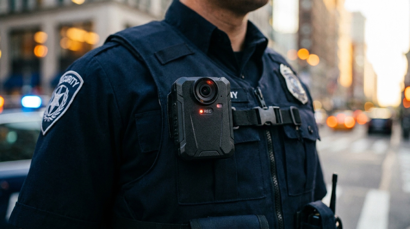 Cámara corporal (bodycam) con luz REC encendida montada en el chaleco de un oficial de seguridad en la calle