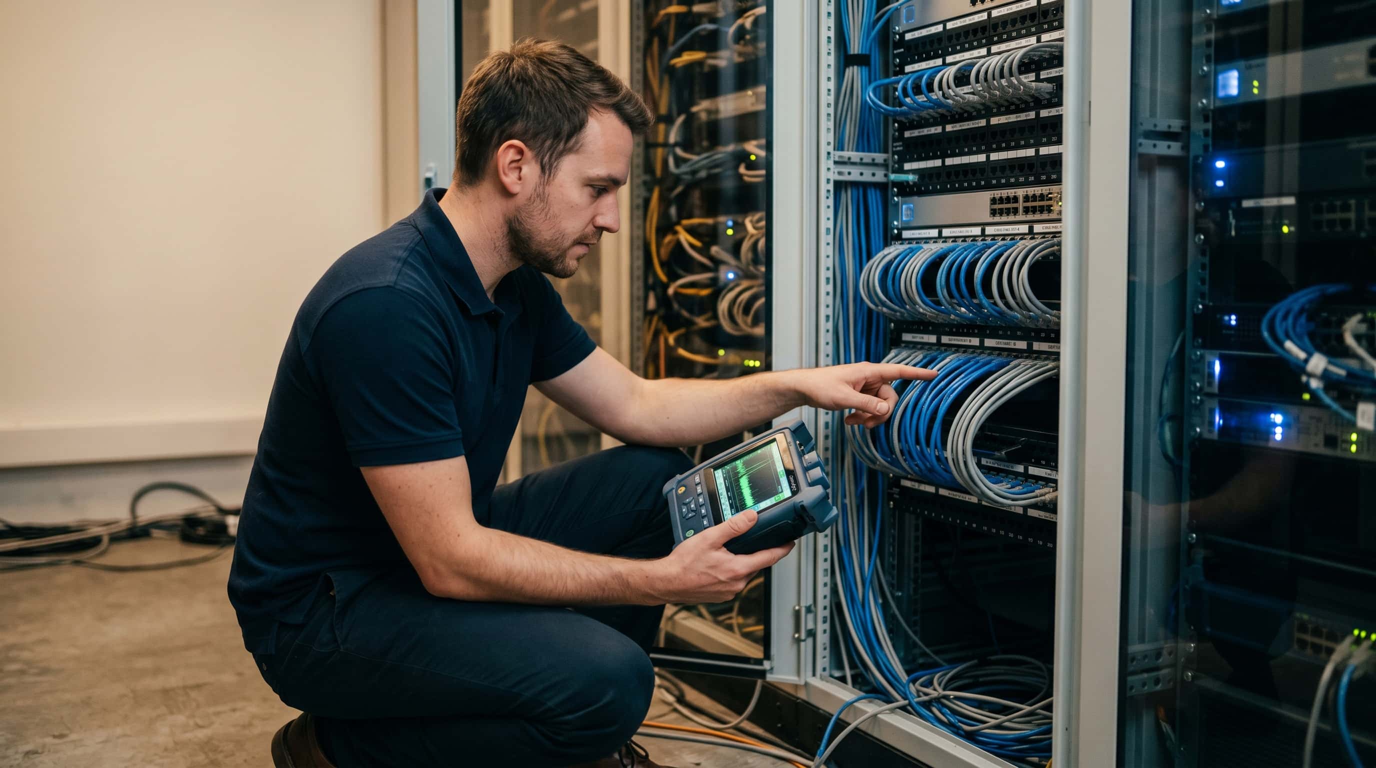 Ingeniero ITE realizando diagnóstico de infraestructura de red con OTDR en empresa CDMX