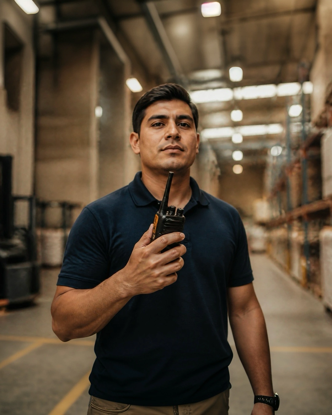Técnico ITE usando un radio de comunicación profesional en operación
