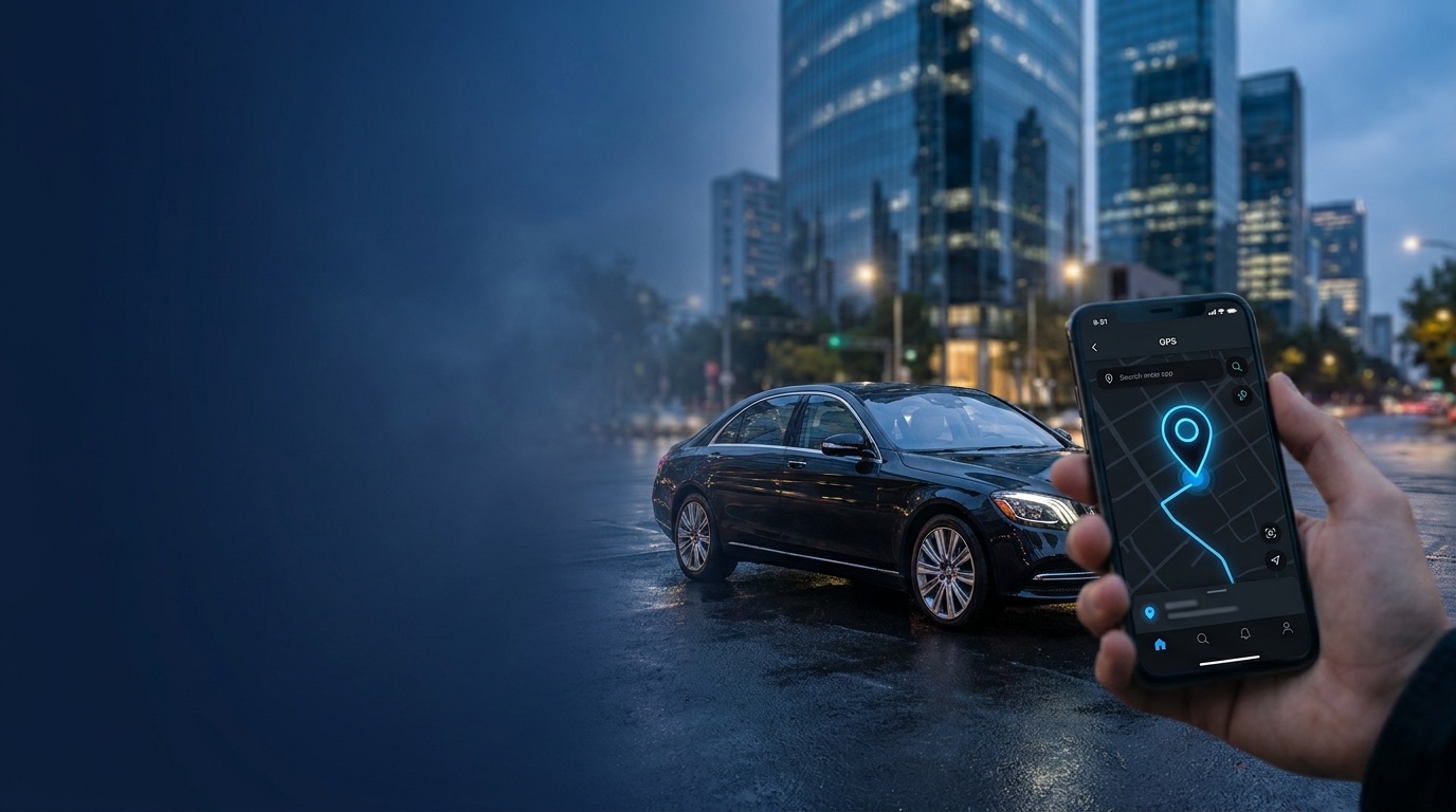 Vista de la app de rastreo GPS en un celular junto a un vehículo monitoreado